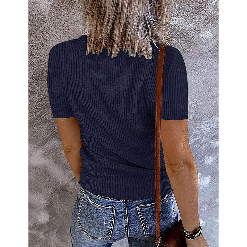 Navy V Neck Button Ribbed Summer Henley