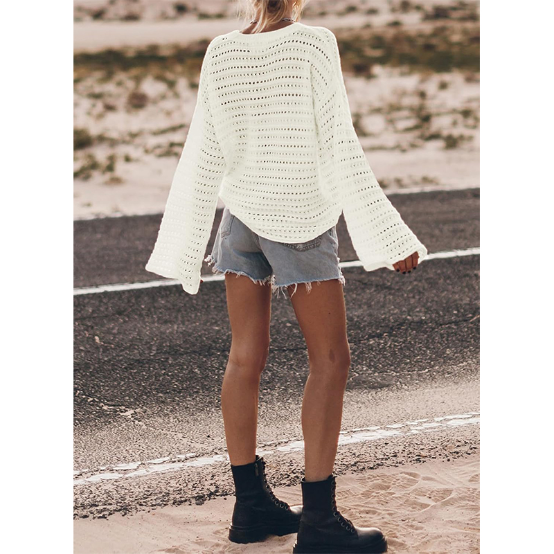 White Crochet Hollow Knit Sweater