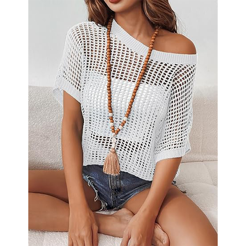 White Loose Hollow Round Neck Pullover
