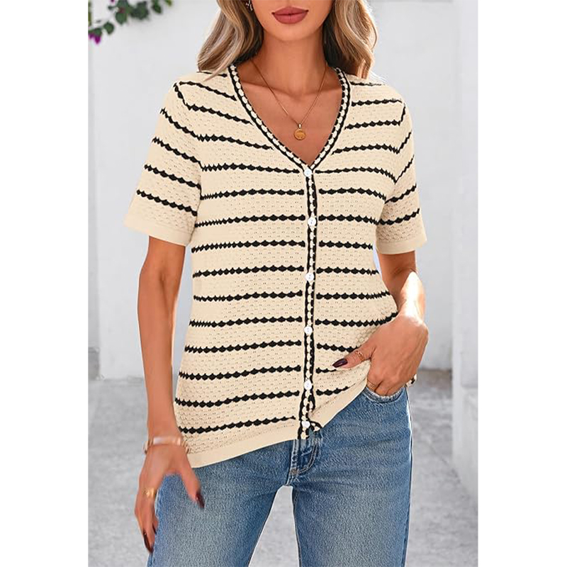 Women's Summer Short Sleeve Striped Knitted Cardigan