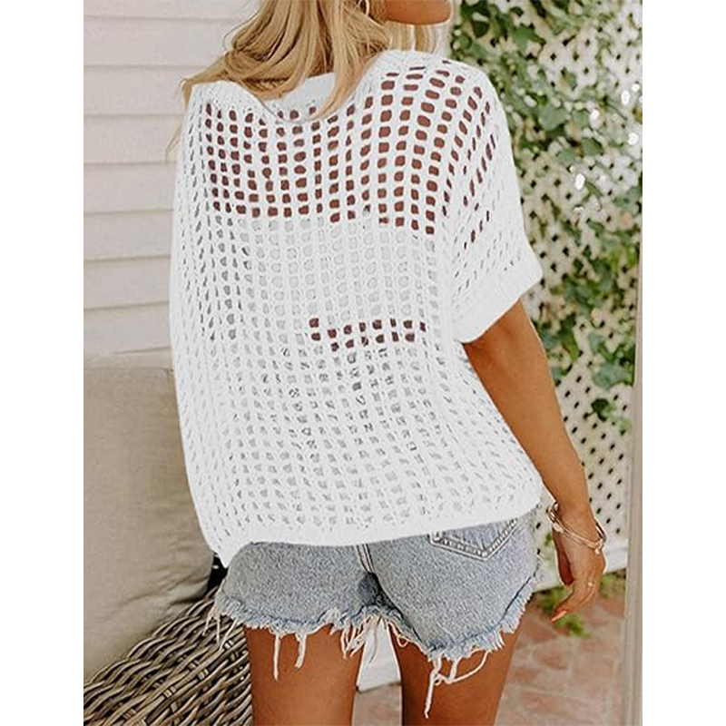 White Loose Hollow Round Neck Pullover