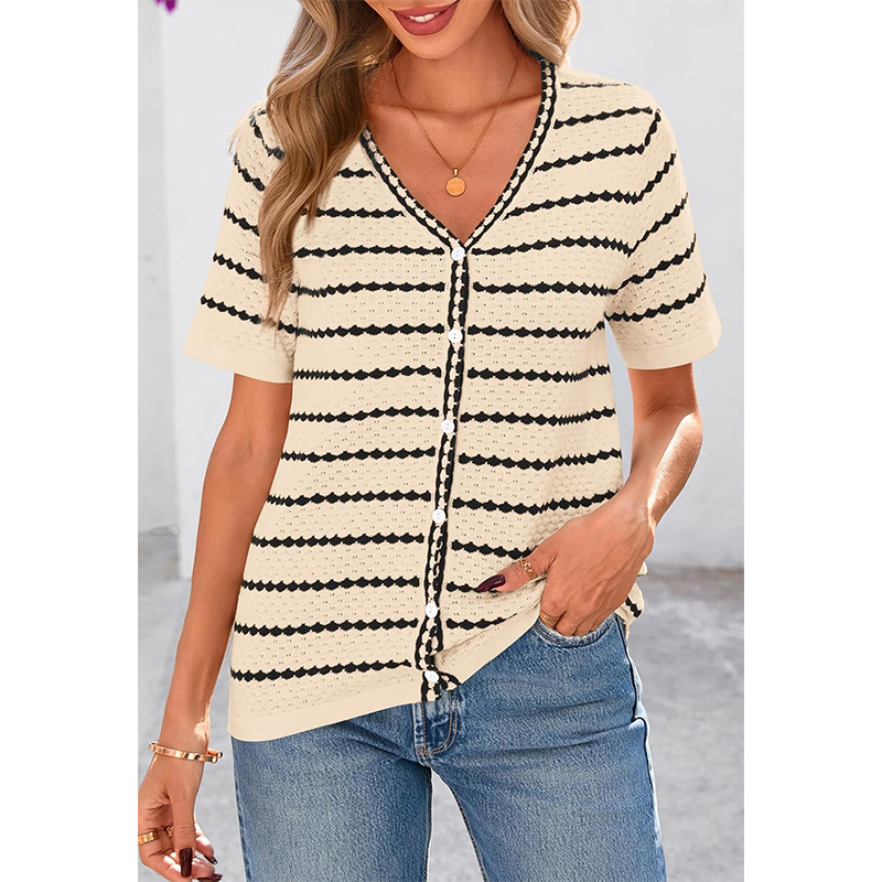 Women's Summer Short Sleeve Striped Knitted Cardigan