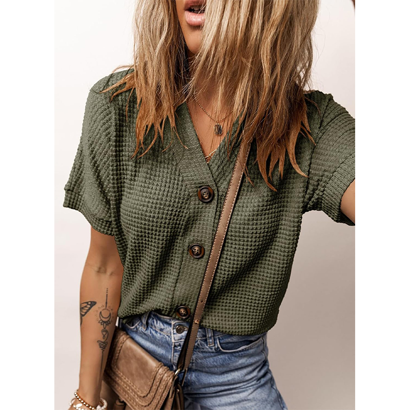 Waffle Knit Button Down Shirt Casual V Neck Short Sleeve
