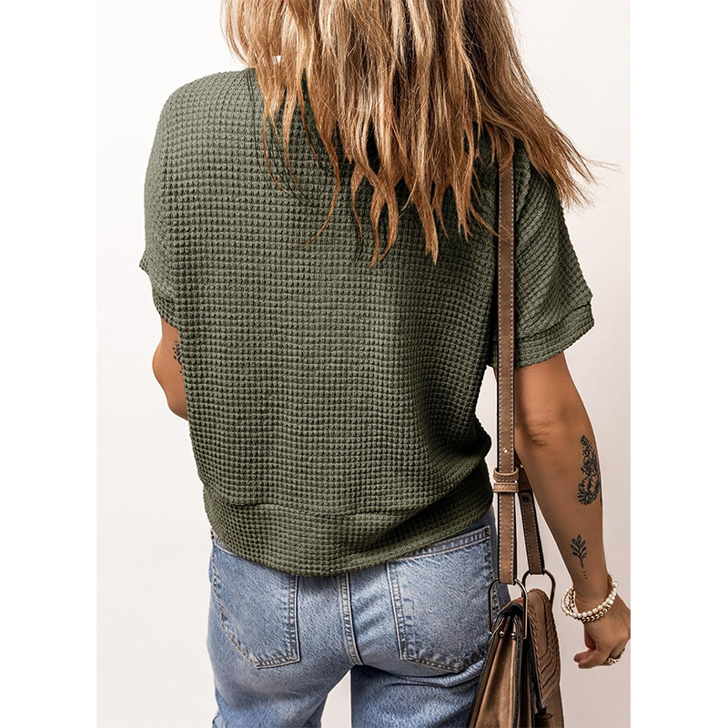 Waffle Knit Button Down Shirt Casual V Neck Short Sleeve