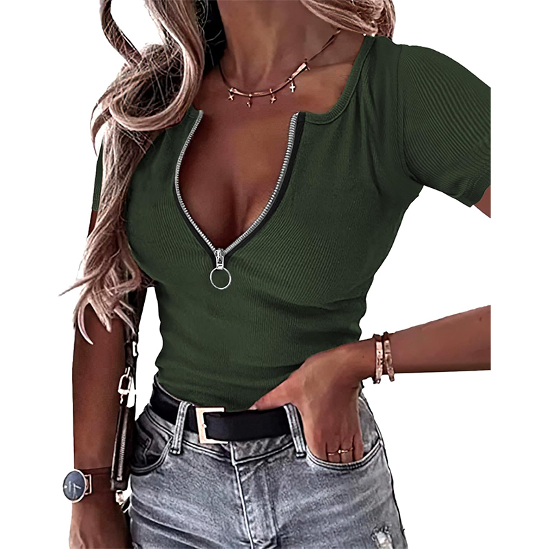 Army Green Sexy V Neck Slim Fit Zip Henley Shirt