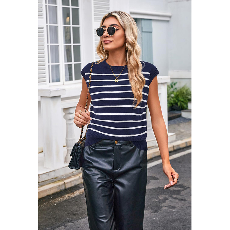 Crew Neck Blue And White Striped Sweater Vest Cap Sleeves