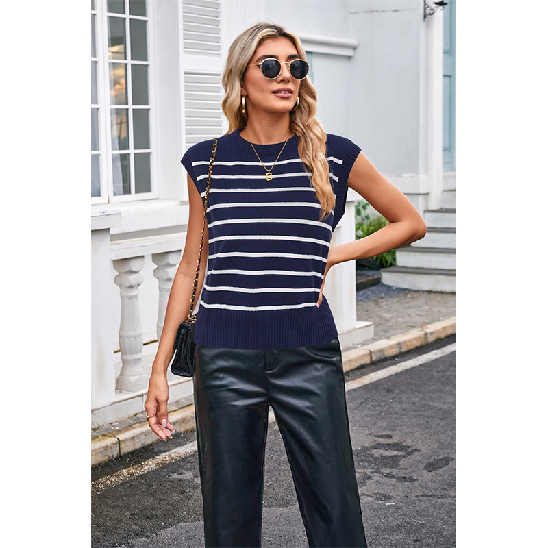 Crew Neck Blue And White Striped Sweater Vest Cap Sleeves