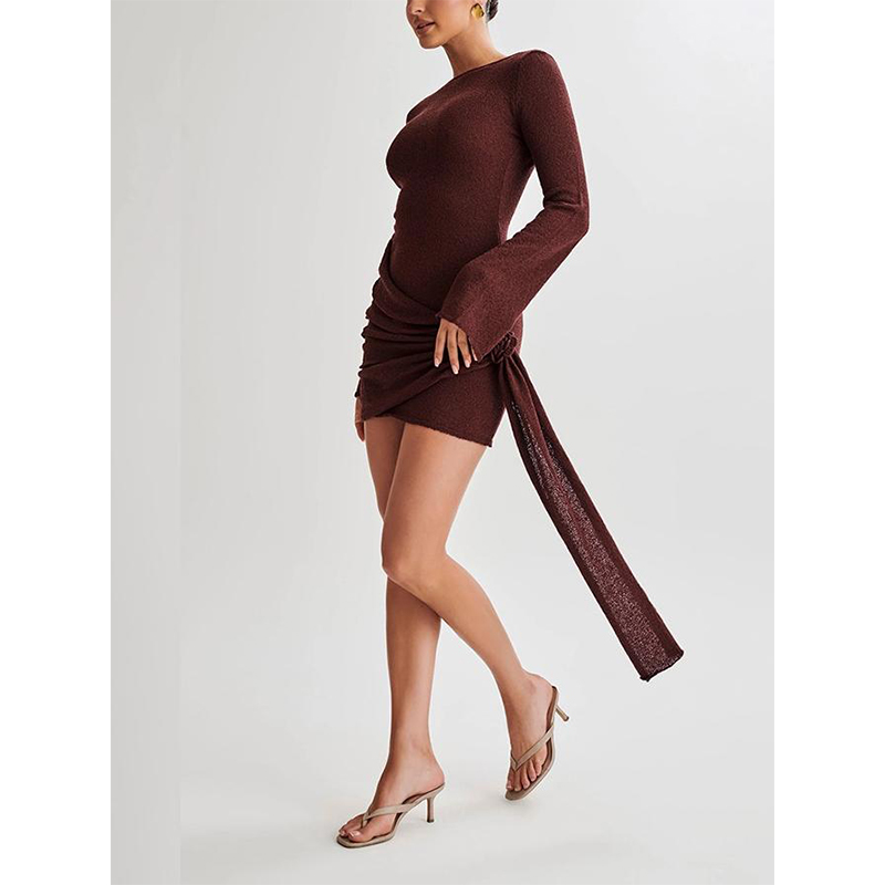 Brown Knitted Long-Sleeved Casual Sexy Fashion Backpack Hip-Revealing Slim Dress For Women
