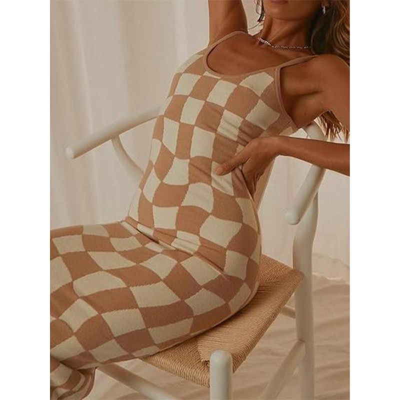 Brown Square Women's Tight Summer Knit Hollow Sexy Midi Dress Sleeveless Long Hollow Dress