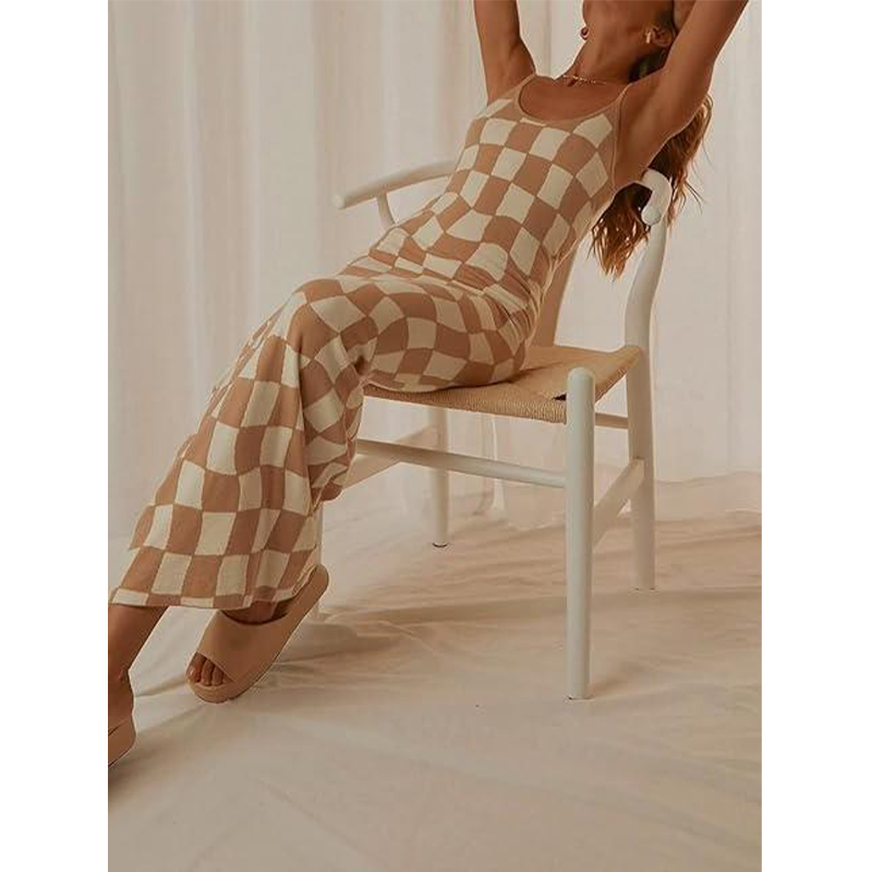 Brown Square Women's Tight Summer Knit Hollow Sexy Midi Dress Sleeveless Long Hollow Dress