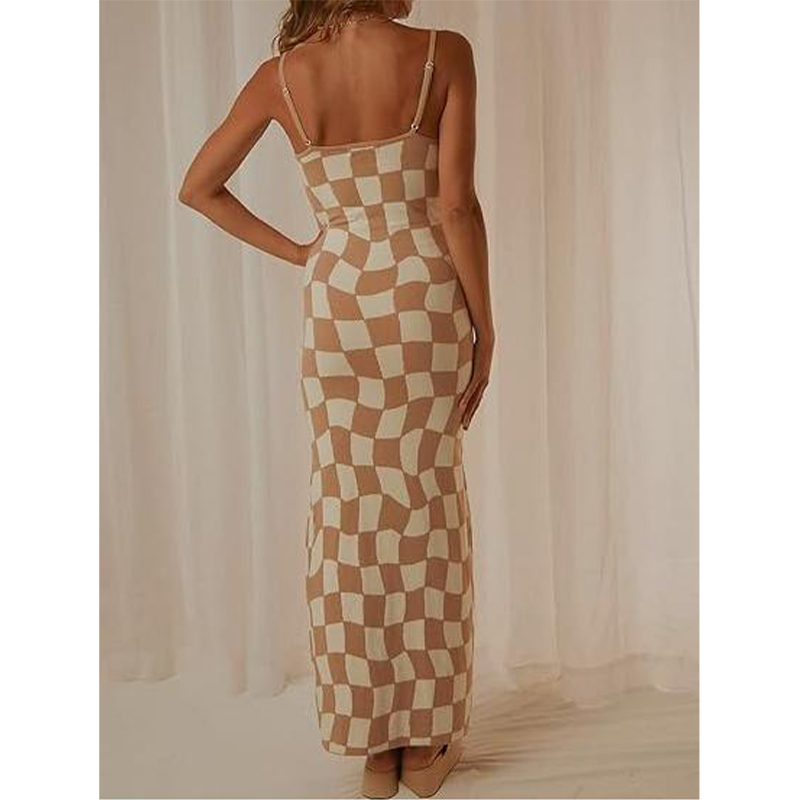 Brown Square Women's Tight Summer Knit Hollow Sexy Midi Dress Sleeveless Long Hollow Dress