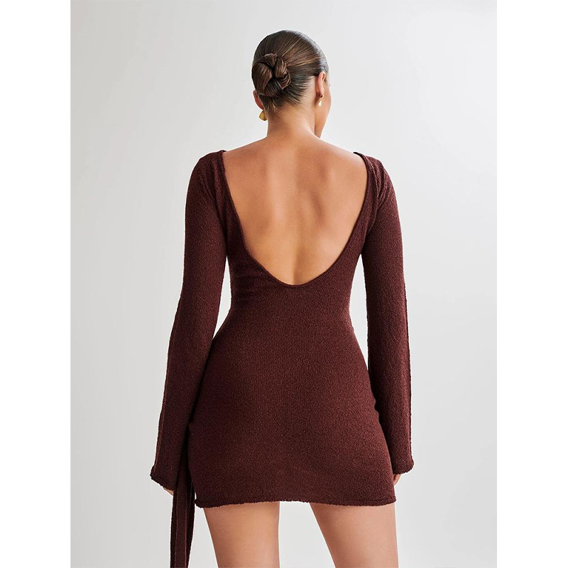 Brown Knitted Long-Sleeved Casual Sexy Fashion Backpack Hip-Revealing Slim Dress For Women