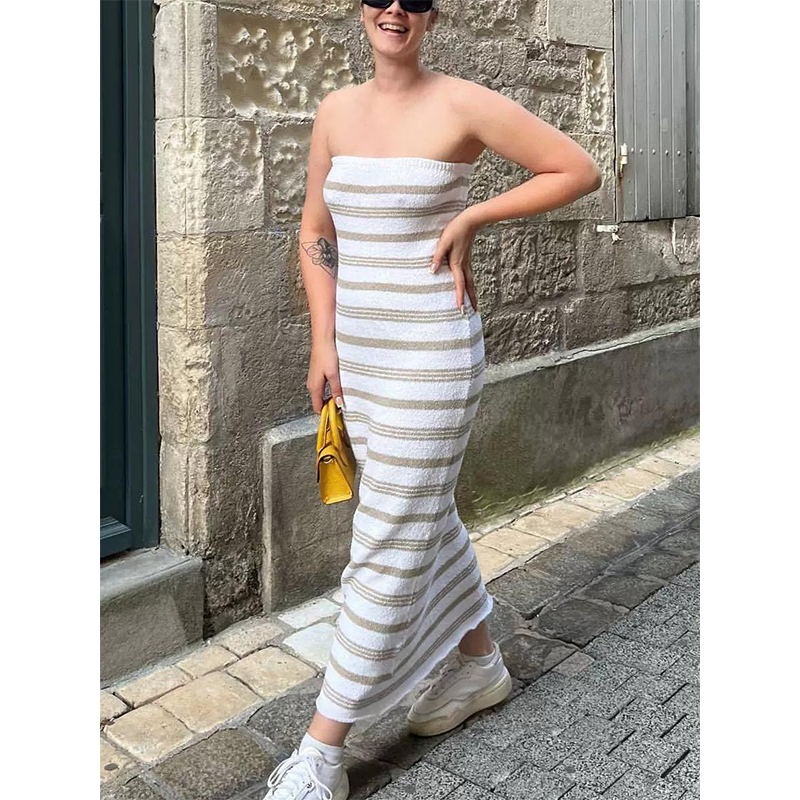 Brown And White Striped Tube-Top Tight Skirt Beach Bohemian Casual Slim Fit Hip Skirt Female Summer
